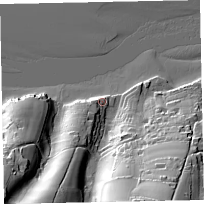 Shaded relief map of the ground around TQ140EY, computed from Environment Agency LiDAR. The ground here sits at about 5 m above sea level and falls 53 m across the surrounding 800 m. Surface water reaching this point runs off ground lying to the south-west, 17.5 m higher.