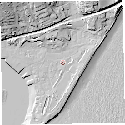 Shaded relief map of the ground around TQ148AA, computed from Environment Agency LiDAR. The ground here sits at about 3 m above sea level and falls 40 m across the surrounding 800 m. Surface water reaching this point runs off ground lying to the south-south-east, 1.0 m higher.