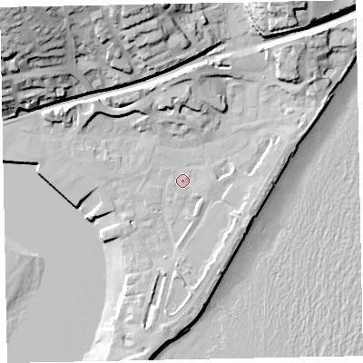 Shaded relief map of the ground around TQ148AB, computed from Environment Agency LiDAR. The ground here sits at about 3 m above sea level and falls 41 m across the surrounding 800 m. Surface water reaching this point runs off ground lying to the north-east, 11.9 m higher.