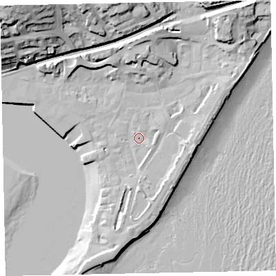 Shaded relief map of the ground around TQ148AD, computed from Environment Agency LiDAR. The ground here sits at about 3 m above sea level and falls 36 m across the surrounding 800 m. Surface water reaching this point runs off ground lying to the north-east, 11.9 m higher.
