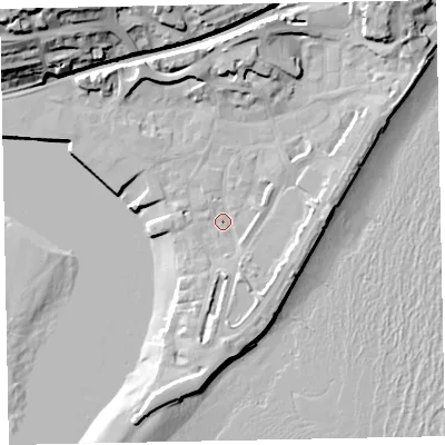 Shaded relief map of the ground around TQ148AE, computed from Environment Agency LiDAR. The ground here sits at about 3 m above sea level and falls 33 m across the surrounding 800 m. Surface water reaching this point runs off ground lying to the north-east, 10.9 m higher.