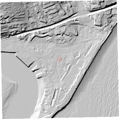 Shaded relief map of the ground around TQ148AF, computed from Environment Agency LiDAR. The ground here sits at about 3 m above sea level and falls 41 m across the surrounding 800 m. Surface water reaching this point runs off ground lying to the north-east, 11.9 m higher.