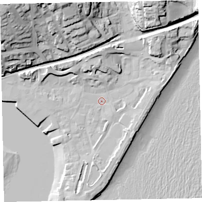 Shaded relief map of the ground around TQ148AG, computed from Environment Agency LiDAR. The ground here sits at about 3 m above sea level and falls 43 m across the surrounding 800 m. Surface water reaching this point runs off ground lying to the north-east, 11.7 m higher.