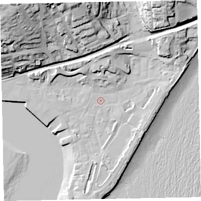 Shaded relief map of the ground around TQ148AH, computed from Environment Agency LiDAR. The ground here sits at about 3 m above sea level and falls 44 m across the surrounding 800 m. Surface water reaching this point runs off ground lying to the west-north-west, 0.9 m higher.