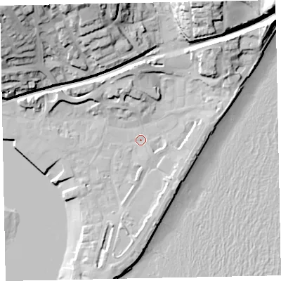 Shaded relief map of the ground around TQ148AJ, computed from Environment Agency LiDAR. The ground here sits at about 3 m above sea level and falls 42 m across the surrounding 800 m. Surface water reaching this point runs off ground lying to the north-east, 11.7 m higher.