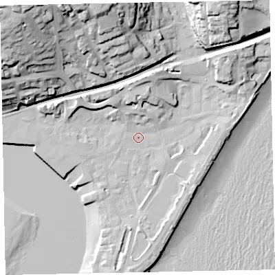 Shaded relief map of the ground around TQ148AL, computed from Environment Agency LiDAR. The ground here sits at about 3 m above sea level and falls 45 m across the surrounding 800 m. Surface water reaching this point runs off ground lying to the north, 7.7 m higher.