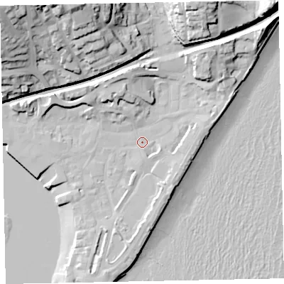 Shaded relief map of the ground around TQ148AP, computed from Environment Agency LiDAR. The ground here sits at about 3 m above sea level and falls 42 m across the surrounding 800 m. Surface water reaching this point runs off ground lying to the north-east, 11.7 m higher.