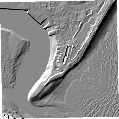 Shaded relief map of the ground around TQ148AQ, computed from Environment Agency LiDAR. The ground here sits at about 5 m above sea level and falls 22 m across the surrounding 800 m. Surface water reaching this point runs off ground lying to the south-east, 3.3 m higher.