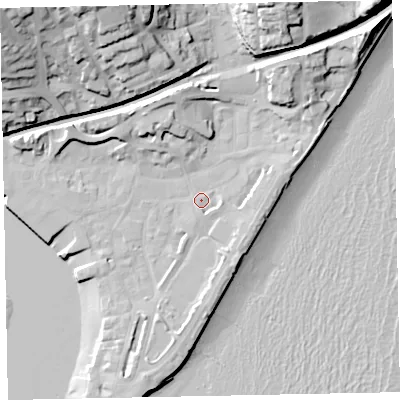 Shaded relief map of the ground around TQ148AR, computed from Environment Agency LiDAR. The ground here sits at about 3 m above sea level and falls 41 m across the surrounding 800 m. Surface water reaching this point runs off ground lying to the east-south-east, 3.7 m higher.