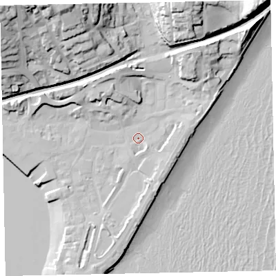 Shaded relief map of the ground around TQ148AS, computed from Environment Agency LiDAR. The ground here sits at about 3 m above sea level and falls 42 m across the surrounding 800 m. Surface water reaching this point runs off ground lying to the north-north-east, 11.7 m higher.