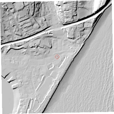Shaded relief map of the ground around TQ148AT, computed from Environment Agency LiDAR. The ground here sits at about 3 m above sea level and falls 43 m across the surrounding 800 m. Surface water reaching this point runs off ground lying to the south-south-east, 3.7 m higher.