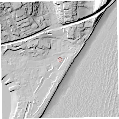 Shaded relief map of the ground around TQ148AU, computed from Environment Agency LiDAR. The ground here sits at about 3 m above sea level and falls 42 m across the surrounding 800 m. Surface water reaching this point runs off ground lying to the east-south-east, 3.0 m higher.
