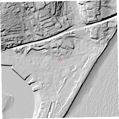 Shaded relief map of the ground around TQ148AW, computed from Environment Agency LiDAR. The ground here sits at about 3 m above sea level and falls 47 m across the surrounding 800 m. Surface water reaching this point runs off ground lying to the north, 7.7 m higher.