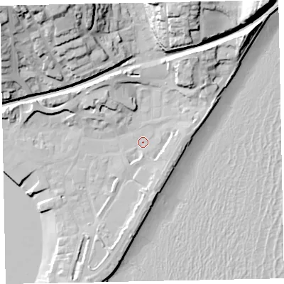 Shaded relief map of the ground around TQ148AX, computed from Environment Agency LiDAR. The ground here sits at about 3 m above sea level and falls 42 m across the surrounding 800 m. Surface water reaching this point runs off ground lying to the south-east, 3.7 m higher.