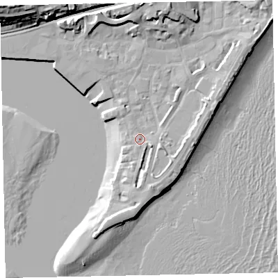 Shaded relief map of the ground around TQ148BA, computed from Environment Agency LiDAR. The ground here sits at about 4 m above sea level and falls 22 m across the surrounding 800 m. Surface water reaching this point runs off ground lying to the south, 3.1 m higher.