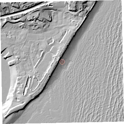 Shaded relief map of the ground around TQ148BB, computed from Environment Agency LiDAR. The ground here sits at about 0 m above sea level and falls 23 m across the surrounding 800 m. Surface water reaching this point runs off ground lying to the north-north-west, 7.3 m higher.