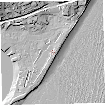Shaded relief map of the ground around TQ148BD, computed from Environment Agency LiDAR. The ground here sits at about 5 m above sea level and falls 29 m across the surrounding 800 m. Surface water reaching this point runs off ground lying to the south-south-east, 2.5 m higher.