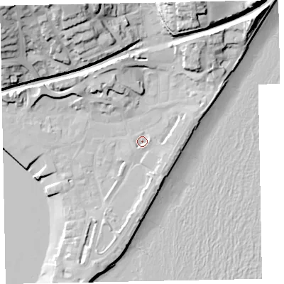 Shaded relief map of the ground around TQ148BG, computed from Environment Agency LiDAR. The ground here sits at about 3 m above sea level and falls 39 m across the surrounding 800 m. Surface water reaching this point runs off ground lying to the east, 2.5 m higher.