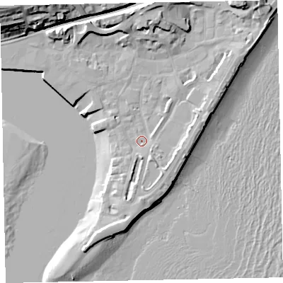 Shaded relief map of the ground around TQ148BJ, computed from Environment Agency LiDAR. The ground here sits at about 3 m above sea level and falls 25 m across the surrounding 800 m. Surface water reaching this point runs off ground lying to the south, 3.9 m higher.