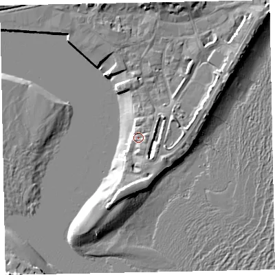 Shaded relief map of the ground around TQ148BP, computed from Environment Agency LiDAR. The ground here sits at about 3 m above sea level and falls 13 m across the surrounding 800 m. Surface water reaching this point runs off ground lying to the east-north-east, 4.2 m higher.