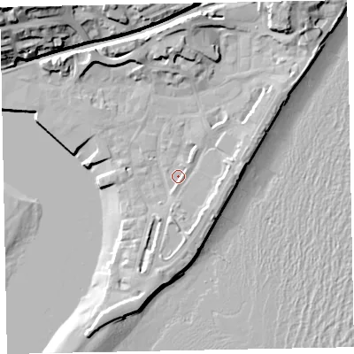 Shaded relief map of the ground around TQ148BR, computed from Environment Agency LiDAR. The ground here sits at about 3 m above sea level and falls 33 m across the surrounding 800 m. Surface water reaching this point runs off ground lying to the east, 3.2 m higher.