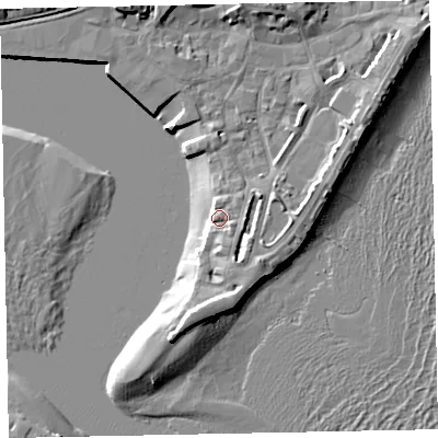 Shaded relief map of the ground around TQ148BS, computed from Environment Agency LiDAR. The ground here sits at about 4 m above sea level and falls 11 m across the surrounding 800 m. Surface water reaching this point runs off ground lying to the east, 3.9 m higher.
