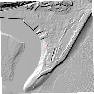 Shaded relief map of the ground around TQ148BT, computed from Environment Agency LiDAR. The ground here sits at about 3 m above sea level and falls 20 m across the surrounding 800 m. Surface water reaching this point runs off ground lying to the east-south-east, 3.4 m higher.
