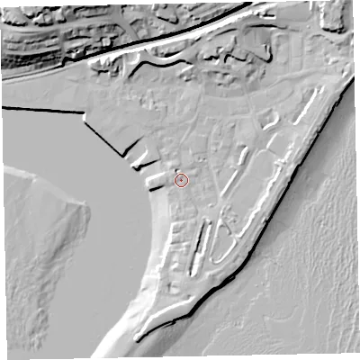 Shaded relief map of the ground around TQ148BU, computed from Environment Agency LiDAR. The ground here sits at about 3 m above sea level and falls 33 m across the surrounding 800 m. Surface water reaching this point runs off ground lying to the north-east, 10.8 m higher.