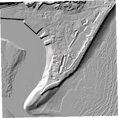 Shaded relief map of the ground around TQ148BW, computed from Environment Agency LiDAR. The ground here sits at about 4 m above sea level and falls 14 m across the surrounding 800 m. Surface water reaching this point runs off ground lying to the south, 3.0 m higher.