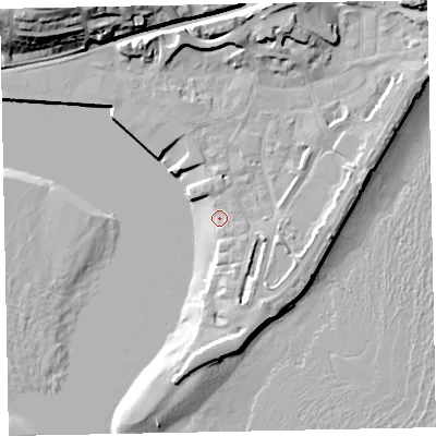 Shaded relief map of the ground around TQ148BX, computed from Environment Agency LiDAR. The ground here sits at about 3 m above sea level and falls 25 m across the surrounding 800 m. Surface water reaching this point runs off ground lying to the east-south-east, 0.8 m higher.