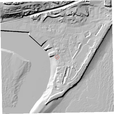 Shaded relief map of the ground around TQ148BY, computed from Environment Agency LiDAR. The ground here sits at about 3 m above sea level and falls 29 m across the surrounding 800 m. Surface water reaching this point runs off ground lying to the south-east, 2.5 m higher.