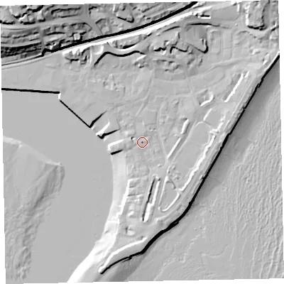 Shaded relief map of the ground around TQ148BZ, computed from Environment Agency LiDAR. The ground here sits at about 3 m above sea level and falls 34 m across the surrounding 800 m. Surface water reaching this point runs off ground lying to the north-east, 11.4 m higher.