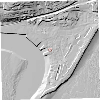 Shaded relief map of the ground around TQ148DA, computed from Environment Agency LiDAR. The ground here sits at about 3 m above sea level and falls 35 m across the surrounding 800 m. Surface water reaching this point runs off ground lying to the north-north-east, 1.4 m higher.