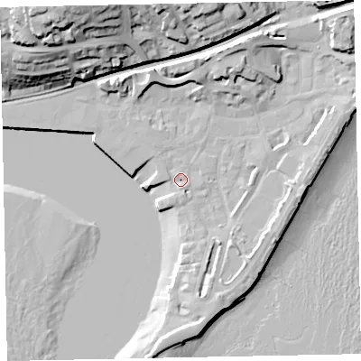 Shaded relief map of the ground around TQ148DB, computed from Environment Agency LiDAR. The ground here sits at about 3 m above sea level and falls 36 m across the surrounding 800 m. Surface water reaching this point runs off ground lying to the north-east, 11.9 m higher.