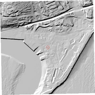 Shaded relief map of the ground around TQ148DE, computed from Environment Agency LiDAR. The ground here sits at about 3 m above sea level and falls 40 m across the surrounding 800 m. Surface water reaching this point runs off ground lying to the north-east, 11.9 m higher.