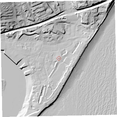 Shaded relief map of the ground around TQ148DF, computed from Environment Agency LiDAR. The ground here sits at about 4 m above sea level and falls 37 m across the surrounding 800 m. Surface water reaching this point runs off ground lying to the south-east, 3.2 m higher.