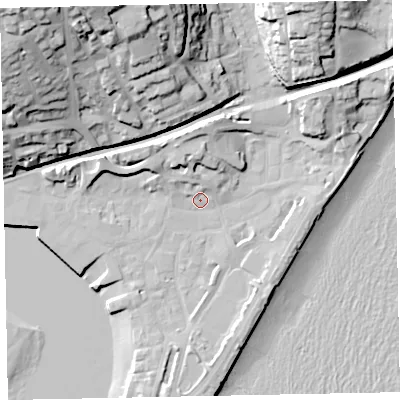 Shaded relief map of the ground around TQ148DN, computed from Environment Agency LiDAR. The ground here sits at about 3 m above sea level and falls 48 m across the surrounding 800 m. Surface water reaching this point runs off ground lying to the north, 7.7 m higher.