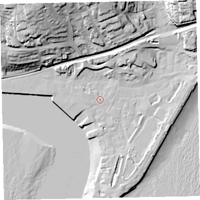 Shaded relief map of the ground around TQ148DT, computed from Environment Agency LiDAR. The ground here sits at about 3 m above sea level and falls 42 m across the surrounding 800 m. Surface water reaching this point runs off ground lying to the north-north-west, 7.3 m higher.