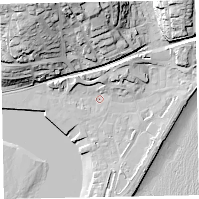 Shaded relief map of the ground around TQ148EA, computed from Environment Agency LiDAR. The ground here sits at about 3 m above sea level and falls 48 m across the surrounding 800 m. Surface water reaching this point runs off ground lying to the north-north-east, 9.6 m higher.