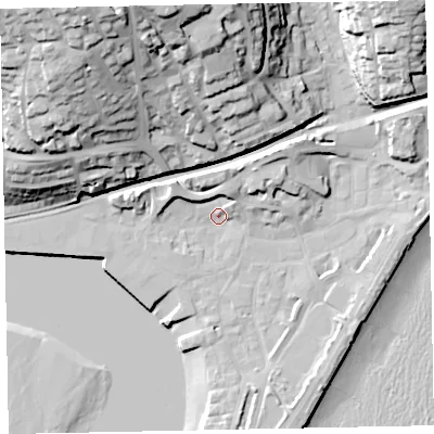 Shaded relief map of the ground around TQ148EB, computed from Environment Agency LiDAR. The ground here sits at about 3 m above sea level and falls 50 m across the surrounding 800 m. Surface water reaching this point runs off ground lying to the west-north-west, 7.5 m higher.