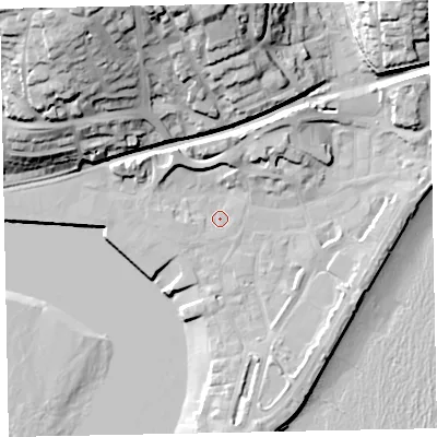 Shaded relief map of the ground around TQ148EE, computed from Environment Agency LiDAR. The ground here sits at about 3 m above sea level and falls 45 m across the surrounding 800 m. Surface water reaching this point runs off ground lying to the north-north-east, 9.6 m higher.