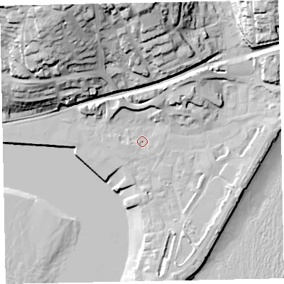Shaded relief map of the ground around TQ148EF, computed from Environment Agency LiDAR. The ground here sits at about 3 m above sea level and falls 45 m across the surrounding 800 m. Surface water reaching this point runs off ground lying to the north-north-east, 9.6 m higher.