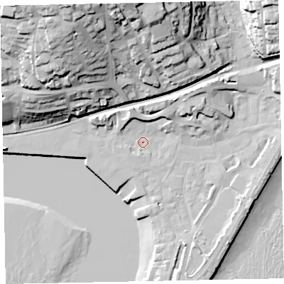 Shaded relief map of the ground around TQ148EG, computed from Environment Agency LiDAR. The ground here sits at about 3 m above sea level and falls 48 m across the surrounding 800 m. Surface water reaching this point runs off ground lying to the north-north-west, 7.5 m higher.