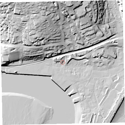 Shaded relief map of the ground around TQ148EL, computed from Environment Agency LiDAR. The ground here sits at about 5 m above sea level and falls 52 m across the surrounding 800 m. Surface water reaching this point runs off ground lying to the east-north-east, 6.8 m higher.