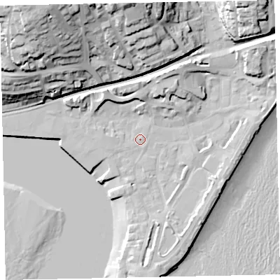 Shaded relief map of the ground around TQ148EN, computed from Environment Agency LiDAR. The ground here sits at about 3 m above sea level and falls 43 m across the surrounding 800 m. Surface water reaching this point runs off ground lying to the north-north-east, 0.8 m higher.