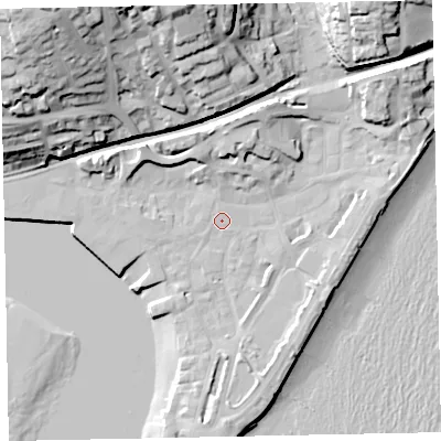 Shaded relief map of the ground around TQ148EP, computed from Environment Agency LiDAR. The ground here sits at about 3 m above sea level and falls 44 m across the surrounding 800 m. Surface water reaching this point runs off ground lying to the north-east, 11.9 m higher.