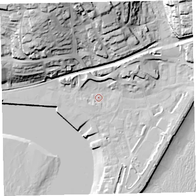 Shaded relief map of the ground around TQ148FG, computed from Environment Agency LiDAR. The ground here sits at about 3 m above sea level and falls 46 m across the surrounding 800 m. Surface water reaching this point runs off ground lying to the north-north-west, 7.5 m higher.