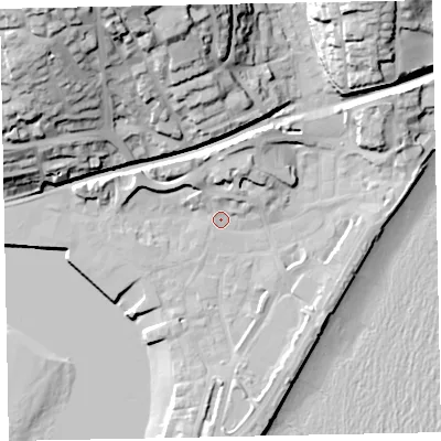Shaded relief map of the ground around TQ148FN, computed from Environment Agency LiDAR. The ground here sits at about 3 m above sea level and falls 48 m across the surrounding 800 m. Surface water reaching this point runs off ground lying to the north, 8.7 m higher.
