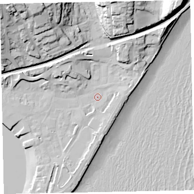 Shaded relief map of the ground around TQ148FP, computed from Environment Agency LiDAR. The ground here sits at about 3 m above sea level and falls 43 m across the surrounding 800 m. Surface water reaching this point runs off ground lying to the south-east, 3.7 m higher.