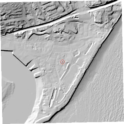 Shaded relief map of the ground around TQ148FQ, computed from Environment Agency LiDAR. The ground here sits at about 3 m above sea level and falls 38 m across the surrounding 800 m. Surface water reaching this point runs off ground lying to the north-east, 11.9 m higher.